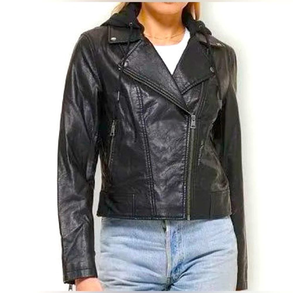 Brand new Levi’s faux leather jacket with hood motorcycle jacket. Final sale.